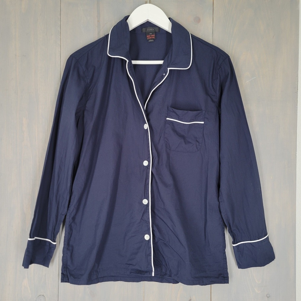 J.Crew Pajama Top Womens S Petite Navy Blue Cotton Long Sleeve Piping PJ Shirt